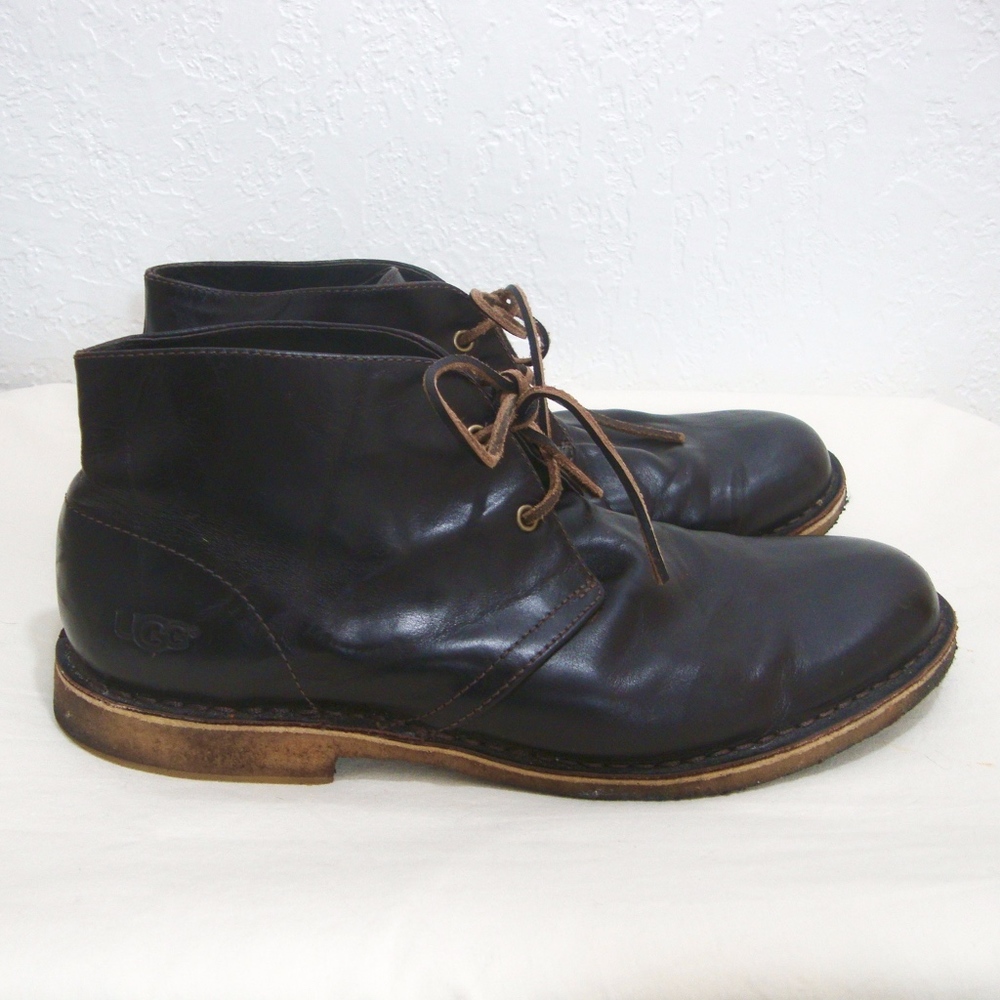 UGG Chukka Boots Black Leather Shearling Lined Men 11 12 13 Ankle Lace Up Shoes